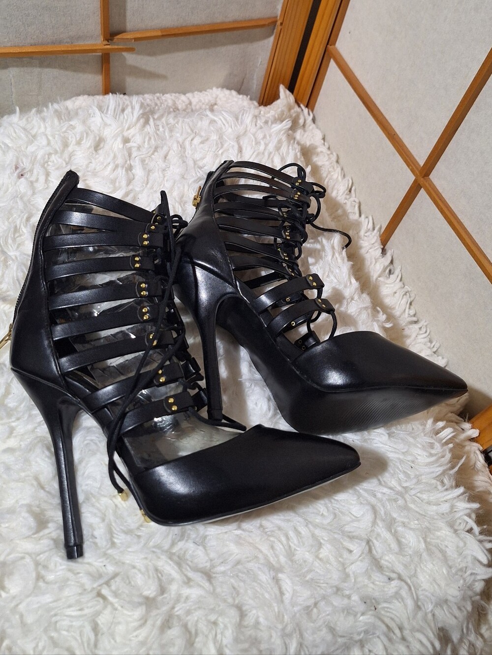 Strappy Lace-Up Pointed Toe Stiletto Heels - Black